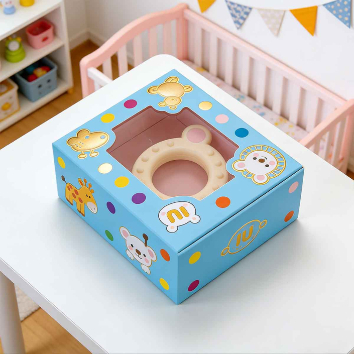 Colorful folding carton packaging box with window. Cost-effective, durable, and customizable for toys, gifts, and retail display.