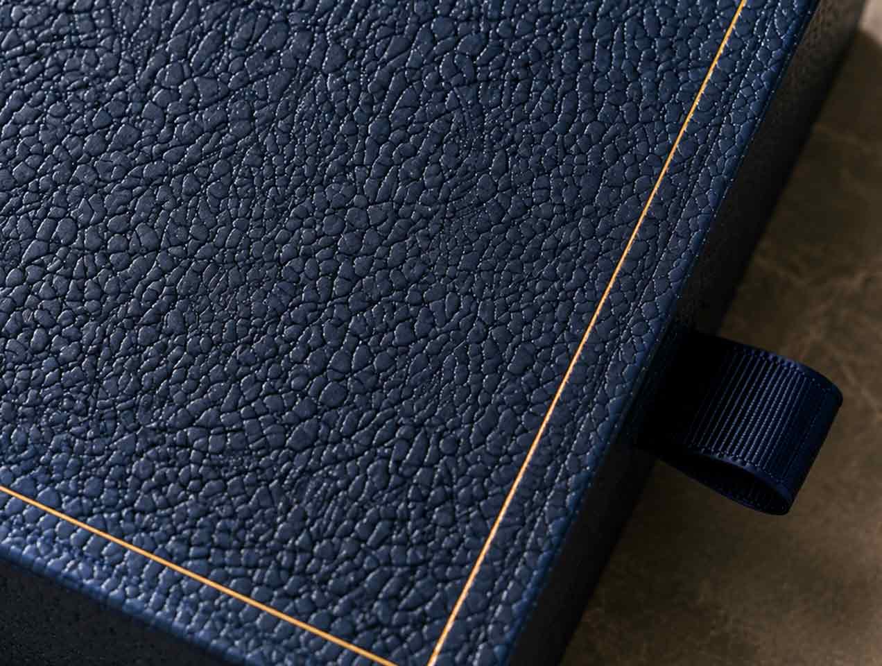 The leather-like textured surface creates a refined tactile experience and enhances the luxury appearance of perfume packaging.