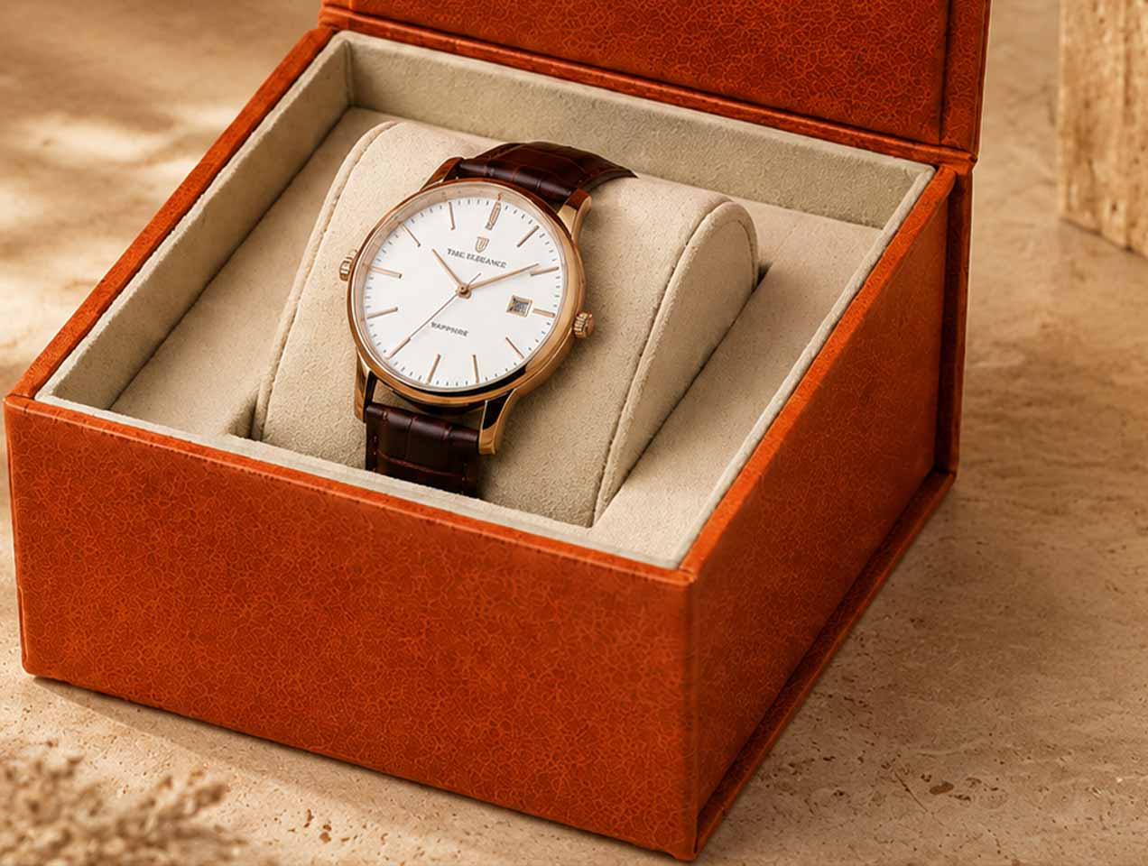 Inside, the soft fitted insert holds the watch securely. In addition, the cushioned surface helps protect it from movement and scratches.