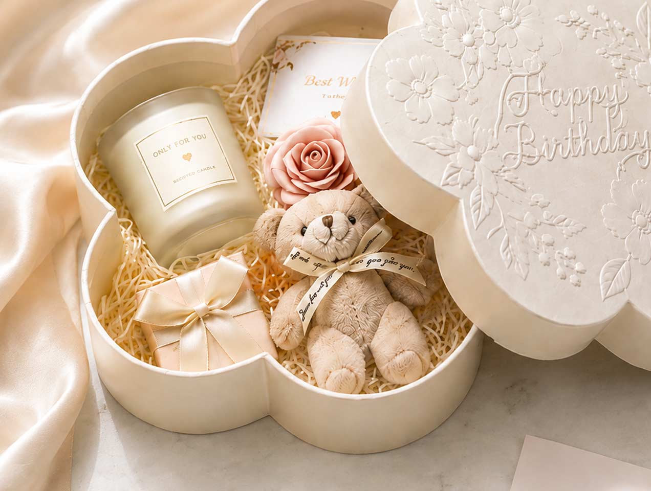 Distinctive floral shape creates a memorable gift presentation.
